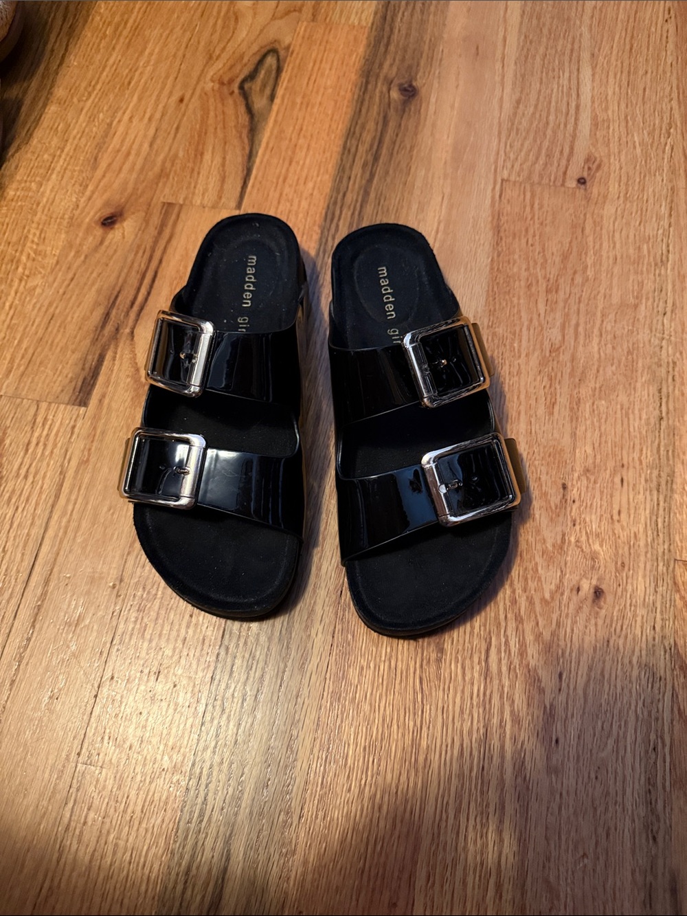 Madden Girl Black Patent Slide Sandals with Silver Buckles